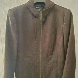 Vintage Leslie Stuart 2 PC suit brown print jacket and skirt women's size 12